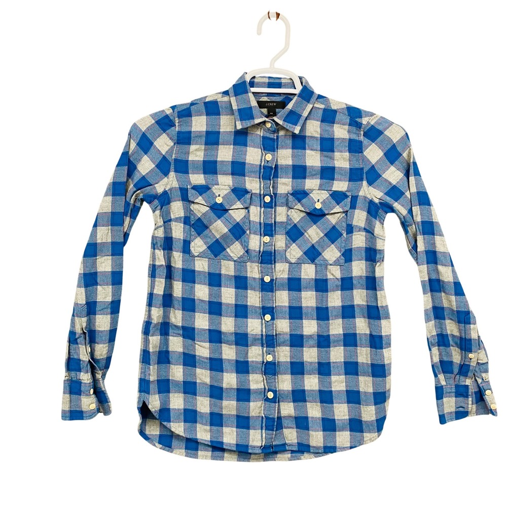 J.Crew Blue Grey Plaid Flannel Button Down‎ Shirt Womens Size 00 Long Sleeve